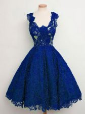 Noble Sleeveless Lace Knee Length Lace Up Quinceanera Dama Dress in Royal Blue with Lace