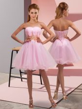 Trendy Baby Pink A-line Tulle Sweetheart Sleeveless Beading and Ruching Mini Length Lace Up Prom Gown