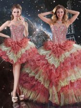 High End Sweetheart Sleeveless 15th Birthday Dress Floor Length Beading and Ruffled Layers Multi-color Organza