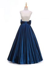 Fitting Navy Blue A-line Scoop Sleeveless Taffeta Floor Length Backless Beading and Bowknot Homecoming Dress