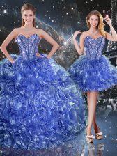  Sleeveless Floor Length Beading and Ruffles Lace Up Quinceanera Gowns with Blue
