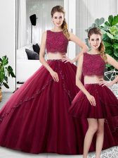 Sweet Fuchsia Three Pieces Scoop Sleeveless Tulle Floor Length Zipper Lace and Ruching Quinceanera Dress