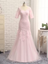 Pretty Baby Pink Zipper V-neck Lace and Appliques Prom Evening Gown Tulle Half Sleeves
