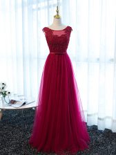 Romantic Fuchsia Empire Scoop Sleeveless Tulle Floor Length Lace Up Beading and Lace and Appliques and Belt Dress for Prom