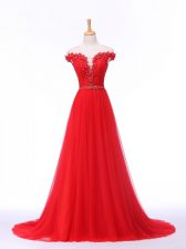 Popular Red Tulle Lace Up Prom Gown Sleeveless Brush Train Lace and Appliques