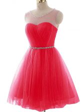 Custom Design Mini Length Coral Red Prom Gown Scoop Sleeveless Lace Up
