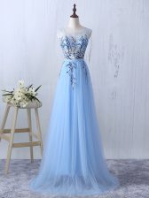  Light Blue Side Zipper Quinceanera Court of Honor Dress Appliques Sleeveless Floor Length