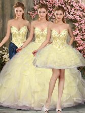 Top Selling Light Yellow Sweetheart Neckline Beading and Ruffles Sweet 16 Dress Sleeveless Lace Up