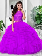 Sophisticated Sleeveless Floor Length Lace and Ruffles Zipper Quinceanera Dress with Eggplant Purple