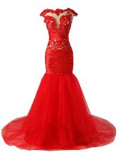  Red Prom Dresses Scoop Cap Sleeves Brush Train Zipper