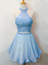  Beading Dama Dress for Quinceanera Blue Lace Up Sleeveless Knee Length