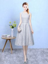  Sleeveless Tea Length Lace Zipper Court Dresses for Sweet 16 with Grey