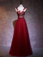 Flirting Floor Length Wine Red Dress for Prom Elastic Woven Satin Sleeveless Appliques