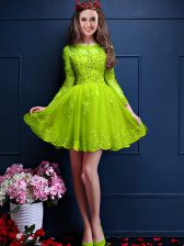Smart 3 4 Length Sleeve Chiffon Mini Length Lace Up Dama Dress in Yellow Green with Beading and Lace and Appliques