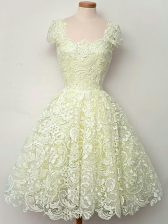 Free and Easy Yellow Straps Neckline Lace Dama Dress for Quinceanera Cap Sleeves Lace Up