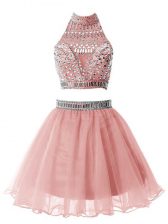  Sleeveless Organza Knee Length Zipper Quinceanera Court of Honor Dress in Pink with Beading