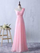 Trendy Floor Length Zipper Vestidos de Damas Baby Pink for Prom and Party and Wedding Party with Ruffles and Ruching