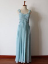 Cute Aqua Blue Empire Straps Sleeveless Chiffon Floor Length Zipper Ruching Dama Dress