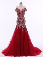  Sleeveless Tulle Brush Train Zipper Evening Dress in Red with Beading