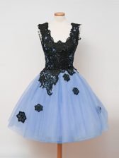 Excellent Light Blue Sleeveless Lace Knee Length Quinceanera Court of Honor Dress