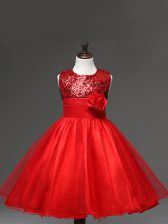 Elegant Red Sleeveless Knee Length Sequins and Hand Made Flower Zipper Juniors Party Dress