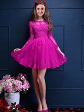  Fuchsia Chiffon Lace Up Scalloped 3 4 Length Sleeve Mini Length Court Dresses for Sweet 16 Beading and Lace and Appliques