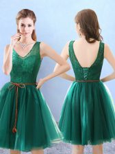 Admirable Sleeveless Tulle Knee Length Backless Dama Dress for Quinceanera in Green with Lace
