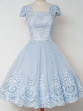 Modern Light Blue Zipper Square Lace Court Dresses for Sweet 16 Tulle Cap Sleeves