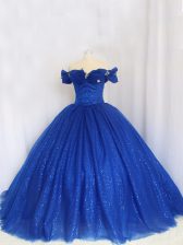 Fitting Royal Blue Sweet 16 Quinceanera Dress Military Ball and Sweet 16 and Quinceanera with Hand Made Flower Off The Shoulder Cap Sleeves Lace Up