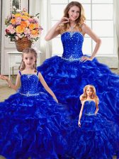 Great Royal Blue Sleeveless Organza Lace Up Sweet 16 Dresses for Military Ball and Sweet 16 and Quinceanera