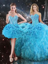 Super Aqua Blue Organza Lace Up Sweetheart Sleeveless Floor Length Quinceanera Gowns Beading and Ruffles