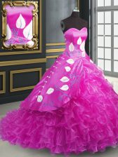 Attractive Sweetheart Sleeveless Brush Train Lace Up Sweet 16 Quinceanera Dress Fuchsia Organza