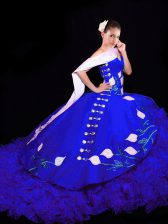  Brush Train Ball Gowns 15th Birthday Dress Royal Blue Sweetheart Organza Sleeveless Lace Up