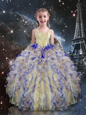 Simple Multi-color Organza Lace Up Little Girls Pageant Dress Sleeveless Floor Length Beading and Ruffles