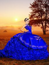 Custom Design Royal Blue Sweetheart Lace Up Embroidery and Ruffles Quinceanera Gown Brush Train Sleeveless