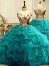 Fashionable Teal Lace Up Sweet 16 Dress Appliques and Ruffles and Sequins Sleeveless Floor Length