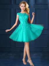 Decent Turquoise Cap Sleeves Tulle Lace Up Quinceanera Court Dresses for Prom and Party