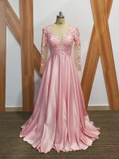  Beading and Appliques Homecoming Dress Baby Pink Backless Long Sleeves