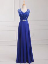  Royal Blue Zipper Homecoming Dress Beading and Belt Sleeveless Floor Length
