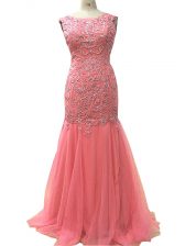 Sumptuous Watermelon Red Sleeveless Floor Length Beading and Lace and Appliques Zipper Prom Dress