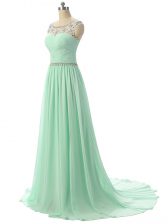 Stunning Apple Green Zipper Scoop Beading and Ruching Dress for Prom Chiffon Sleeveless Brush Train