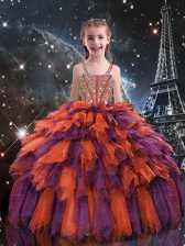 Fantastic Rust Red Lace Up Little Girls Pageant Dress Beading and Ruffles Sleeveless Floor Length