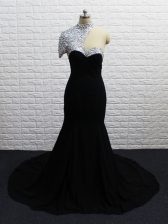 Super Short Sleeves Beading Zipper Prom Evening Gown with Black Brush Train
