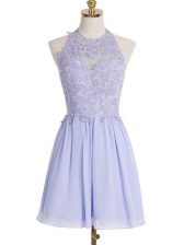  Lavender Empire Halter Top Sleeveless Chiffon Knee Length Lace Up Lace Court Dresses for Sweet 16