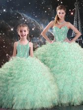 Custom Made Apple Green Ball Gowns Organza Sweetheart Sleeveless Beading and Ruffles Floor Length Lace Up Sweet 16 Dress