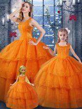 Low Price Orange Ball Gowns Straps Sleeveless Organza Floor Length Lace Up Ruffled Layers Sweet 16 Dresses