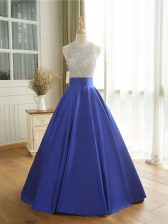 Designer Blue A-line Satin Scoop Sleeveless Beading Floor Length Backless Prom Gown