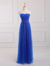On Sale Sleeveless Tulle and Lace Floor Length Lace Up Vestidos de Damas in Royal Blue with Belt