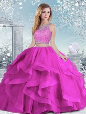  Fuchsia Ball Gowns Scoop Sleeveless Tulle Floor Length Clasp Handle Beading and Ruffles Sweet 16 Dress