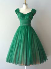  Ruching Quinceanera Court Dresses Green Lace Up Cap Sleeves Knee Length